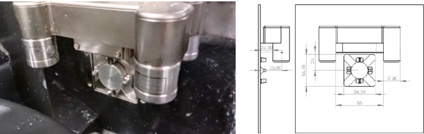 Figure 2.3 (left): Microlution 363-S micro-milling machine orthogonal view   Figure 2.4 (right): Tool finder assembly limits the space near the top of the chuck  It was decided that for easy integration with the Microlution machine, the HPF needed to secur