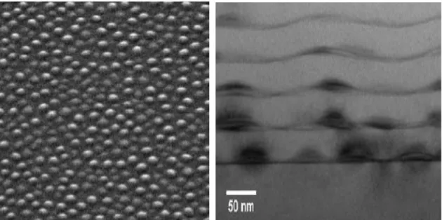 Figure 10: (a) SEM image (45° tilt) of a Ge QD layer deposited on Si. The QDs are ~60 nm in diameter  with a density of 10 20  cm 2 