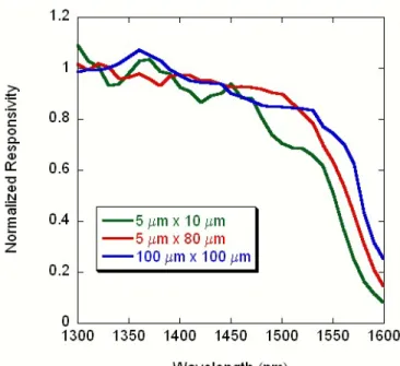Figure 8: Normalized responsivity vs. wavelength for various sizes of rectangular diodes