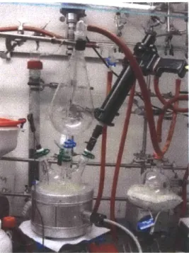 Figure  2-1.  A photograph  of colloidal  QD  synthesis  setup,  including  a Schlenk  line,  a three-neck flask,  a condenser,  a stirrer,  a temperature  controlling system,  an injection  gun, and  a  mechanical rotary pump  (not  shown  in the picture)
