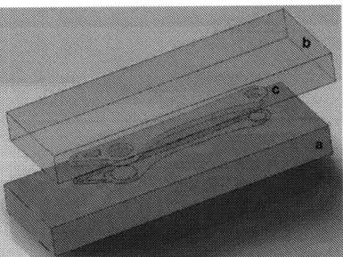 Figure 8. Exploded view  of open mold model with details (a)machined mold; (b)flat cover plate; (c)resulting poured part