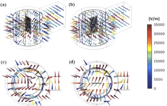 Figure 3.6:  Simulated  electric  field  of empty  reactor under 300  W  microwave  irradiation for 60  seconds:  (a)  Isometric view  of  parallel-to-port  position