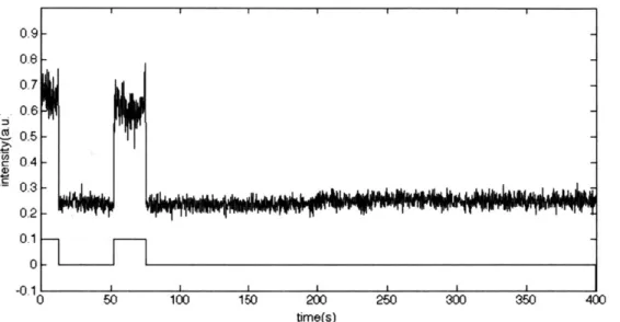 Figure  8.  Trace  showing  measured  intensity  level  and  algorithmically  determined  on/off  state  of  a single  fluorophore.