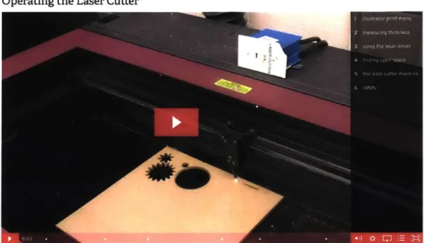 Figure 3: Video  titled &#34;Operating  the  Laser Cutter.&#34; It is 6  minutes  and 3  seconds  long  and has markers that allow  the user to navigate  through  its  different  sections