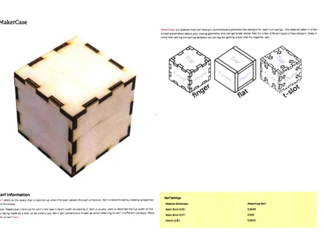 Figure  10: Webpage  section titled &#34;MakerCase.&#34;  A short  summary  of what it does, three  simple  graphics showing the  options  it offers,  and a picture  of a box  created  using it is  shown