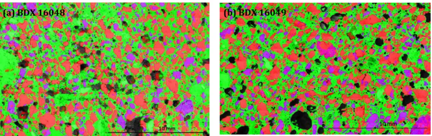 Figure III-11: Interprétation d’une cartographie élémentaire par EDX-MEB, effectuée sur les lames épaisses  des échantillons BDX 16048 (a) et BDX 16049 (b), en fonction d’un élément majeur  : en rouge - silicium  (minéraux de quartz), en bleu - potassium (
