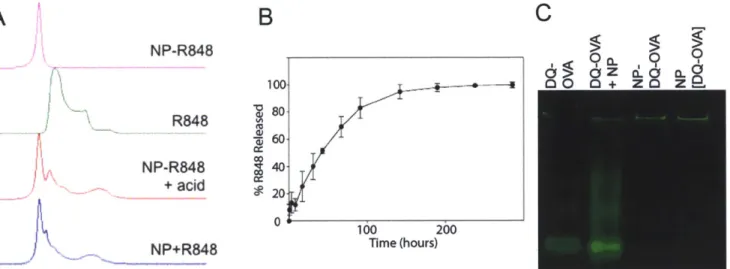 Figure  2.5  A)  R848  encapsulation  within  nanoparticle  vaccines  as  measured  by HPLC
