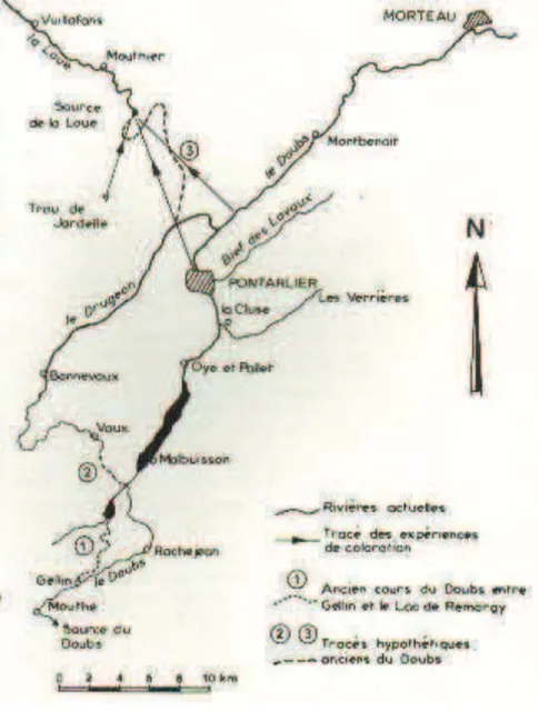 Fig. 10 Le réseau hydrographique du Doubs, daprès P. Chauve, CUER, 1981 