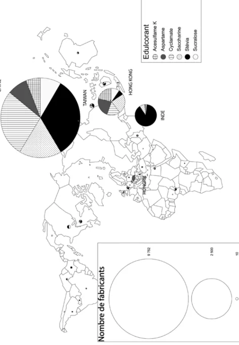 illustration 3. carte du nombre de fabricants d’édulcorants intenses  sur alibaba.com en 2011.