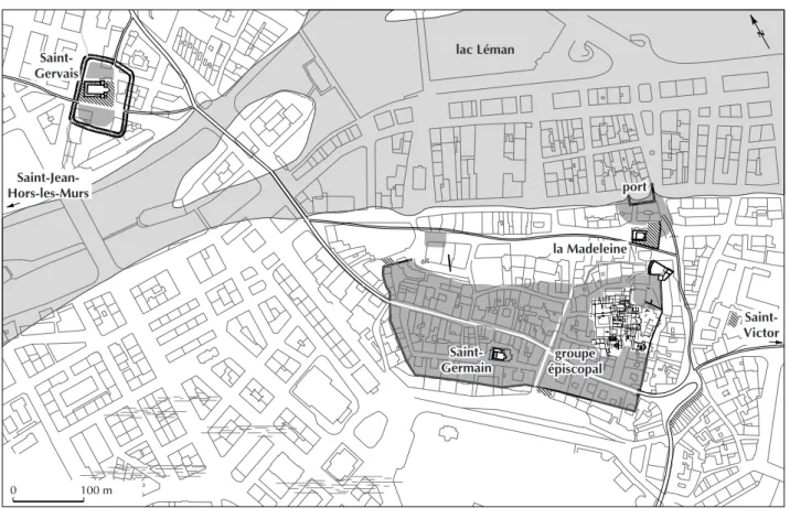 Fig. 54 – Genève (Suisse). Plan topographique de la ville durant le haut Moyen Âge (DAO A