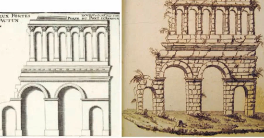Fig. 5 - Un exemple de plagiat iconographique. À gauche, vue de l’élévation côté campagne  de la porte d’Arroux, présentée par B