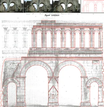 Fig. 2 - Relevé architectural de la porte d’Arroux (élévation côté  campagne), réalisé par L.  Moissonnier, architecte des Monuments  historiques (dernier quart du  xix e   siècle)