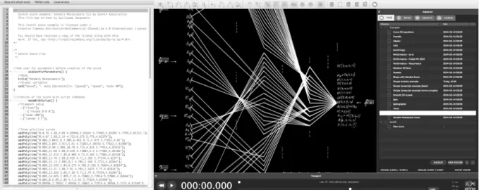Figure 7 : l’interface de Iannix développée par Guillaume Jacquemin et Thierry Coduys,  l’éditeur graphique (droite) et le code de la partition en JavaScript (gauche)