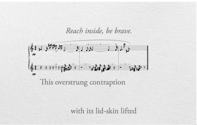 Figure 6 : un exemple d’utilisation d’INScore avec How to Play the Piano in 88 Notes de  Richard Hoadley (2015) sur un texte de Katharine Norman