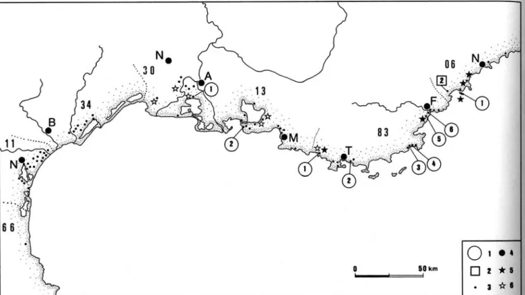 Fig. 1 : Carte des villas littorales et des installations de pisciculture sur le littoral méditerranéen gaulois.