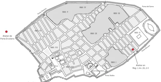 Fig. 1 – Plan de Pompéi localisant l’atelier de  Porta Ercolano  hors de la ville et l’atelier des lampes à huile (Reg