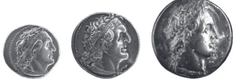 Figure 7 - Portraits de Ptolémée I er , en or (Svoronos 181, BnF, Fonds général n o 14),  en argent (Svoronos 201, BnF, Coll