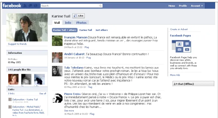 Figure 6 : Les commentaires sur le « mur » de la page  Facebook  de Karine Tuil (URL citée)