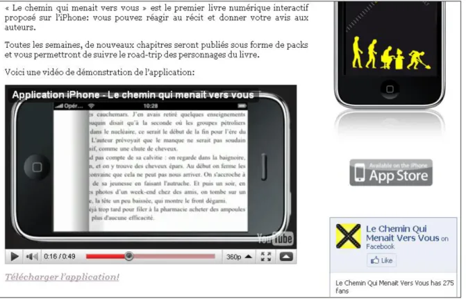 Figure 8 : William Réjault et Laurent Latorre, «  Le chemin qui menait vers vous – Premier livre interactif  sur iPhone »  (URL : http://www.lecheminquimenaitversvous.fr)