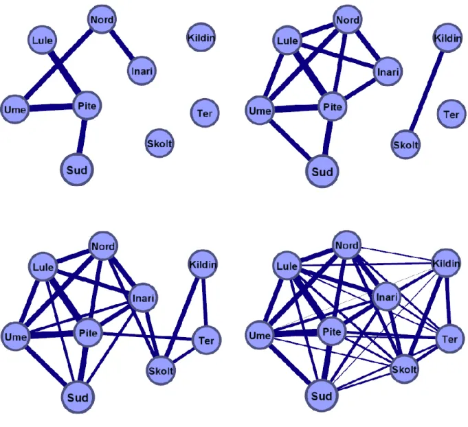 Figure 2. Représentation en graphes de réseaux des distances de Levenshtein aux seuils 0,55, 0,60, 0,70 et maximal 