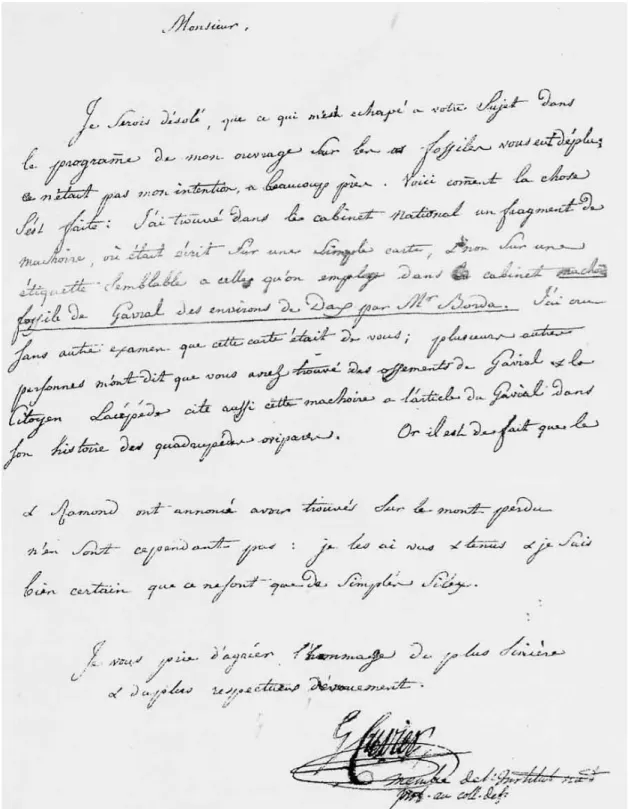Figure 5. Extraits de la lettre de Georges Cuvier à J.-F. Borda d'Oro datée de 1801  (archives privées d’ Oro) .