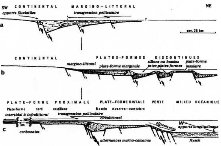 Fig. 11 - Les trois stades successifs du dispositif morpho-structural et sédimentaire de la marge cantabrique (Référence 21,1982).