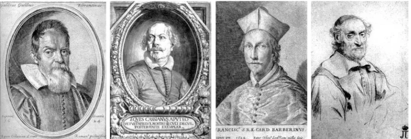 Fig. 2. Quelques membres illustres de l'Accademia dei Lincei  (de  gauche  à  droite) :  Galileo  Galilei (1564-1642)  ;  Cassiano  dal  Pozzo  (1588-1657)  ;  le  cardinal  Francesco  Barberini  (1597-1679), neveu du pape Urbain VIII ; Nicolas-Claude Fabr