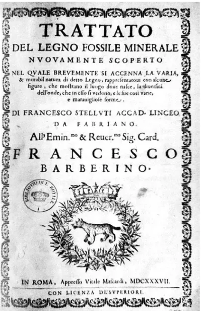 Fig. 3. Page titre du mémoire sur le bois fossile de Francesco Stelluti, publié à Rome en 1637, où figure le lynx, emblème de l’Académie.