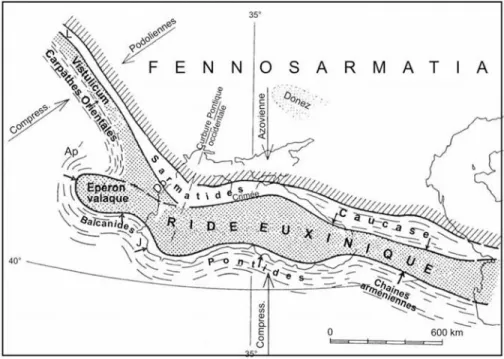 Fig.  7.  L’éperon  valaque  et  les  Sarmatides  dans  l’avant-pays  carpatique.  Ap :  Apusénides ;  Dd :  Dobroudja ;  J :Monts  d’Istrandja  (Strandja) ;  L :  Lysagora