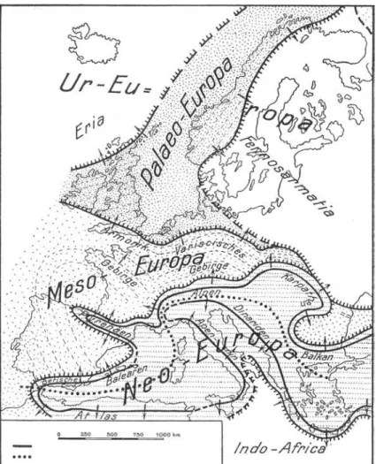 Fig. 3. Divisions géotectoniques de l’Europe et de l’océan Atlantique (d’après Hans Stille, 1924)