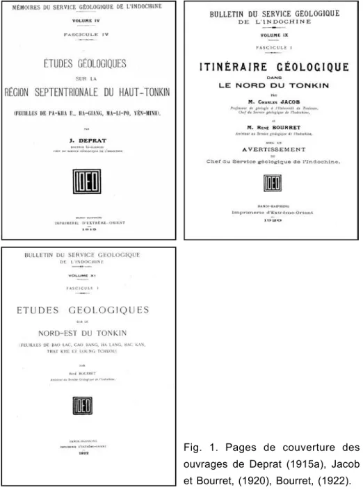 Fig.  1.  Pages  de  couverture  des ouvrages  de  Deprat  (1915a),  Jacob et Bourret, (1920), Bourret, (1922).