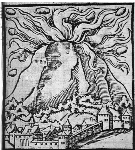 Fig. 2. Une éruption de l’Etna figurée par Conrad Lycosthenes dans son Prodigiorum ac   ostentorum chronicon, dans une gravure répondant tellement bien à la description  