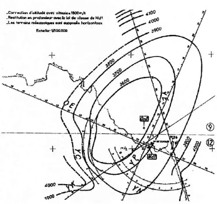 Figure 2. L’anomalie structurale de Hassi Messaoud interprétée par G. Pommier (isobathes du marqueur Vm = 5 900 m/s en sismique-réfraction).