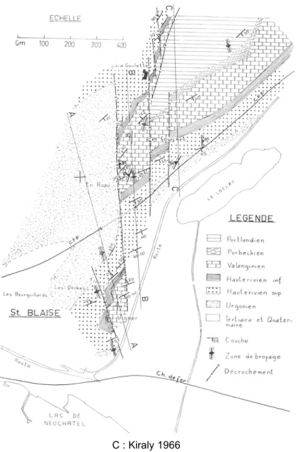 Fig.  3.  Anticlinal  de  Châtollion.  Différentes  interprétations.  A :  anticlinal  presque  symétrique  (Beguin,  1900) ;  B :  anticlinal  chevauchant  recoupé  par  un  déccrochement  (Schardt,  1910) ;  C :  anticlinal  chevauchant recoupé par de mu