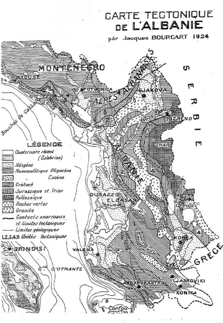 Figure 1 - Carte tectonique de l'Albanie par Jacques Bourcart (1924).