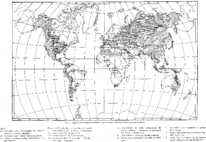 Figure 5. Répartition mondiale des principaux types de bassins sédimentaires et des gisements de pétrole (d’après L