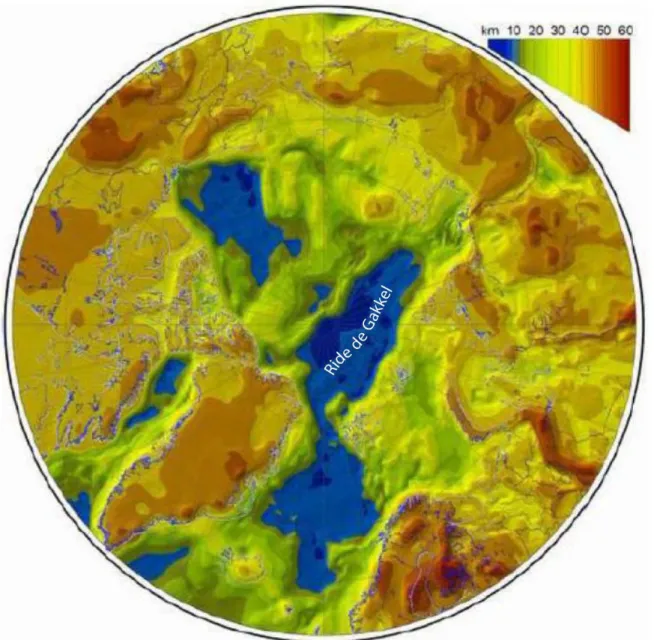 Figure II.3 : Carte présentant l'épaisseur de la croûte, continentale, transitionnelle ou océanique, en  Arctique d’après Petrov et al