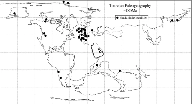 Fig.  18. Localisation  des  dépôts  riches  en  matière  organique  connus  au  Toarcien  inférieur  (d’après Jenkyns et al., 2001)