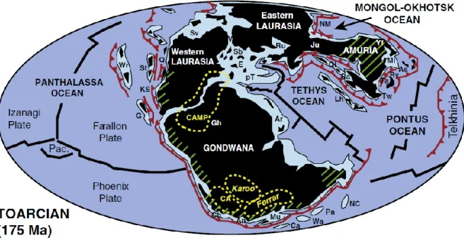 Fig.  23.  Carte  paléogéographique  au  Toarcien.  Les  zones  jaunes  indiquent  les  principales  provinces volcaniques géantes de l’époque (d’après Dera et al., 2015)