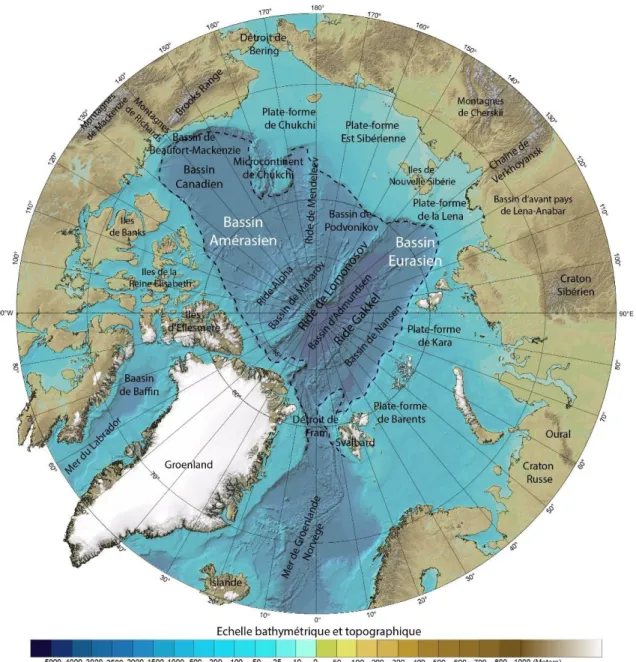 Figure 1.5. Carte topographique et bathymétrique du Bassin Arctique et des terres adjacentes  (IBCAO)