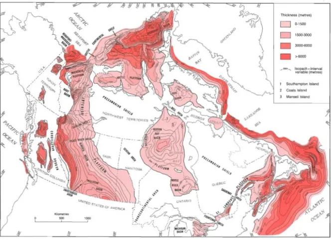 Figure  1.8.  Couverture  sédimentaire  du  craton  Nord-Américain  et  du  Canada  montrant  l’épaisseur  et la  distribution  des  roches  sédimentaires  non  métamorphisées  (d’après  Stott  et  Aitken, 1993)