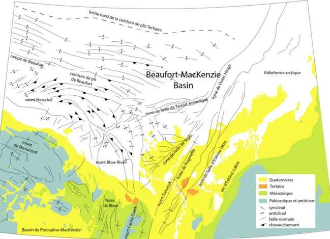 Figure  1.10.  Carte géologique simplifiée montrant  les  plis  et failles  de  la  zone de Beaufort- Beaufort-Mackenzie (d’après Dixon et al., 2008)