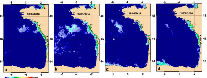 Fig. 4B.2.  Images de SPM krigés dans le Golfe de Gascogne entre le 30 avril et le 30 mai   2016.