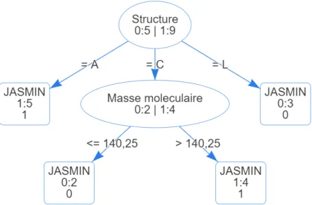 Figure 1.2: Arbre de décision de l’odeur ’JASMIN’ à partir des données du Tableau 1.1 L’idée de la méthode des séparateurs à vaste marge (Boser et al.,1992,[18]) en classification binaire est de trouver l’hyperplan optimal qui sépare les deux classes, et q