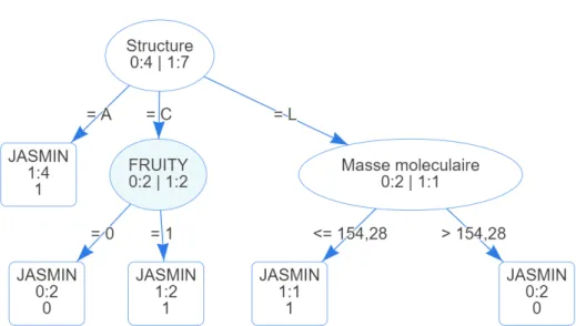 Figure 1.5: Arbre de décision pour prédire l’absence ou la présence de l’odeur ’JASMIN’ à partir des données du Tableau 1.8
