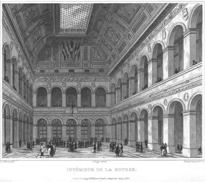 Fig. 2 : L’intérieur de la Bourse de Paris en 1831 13 . Gravure d’Augustus Pugin, Fenner Sears et B