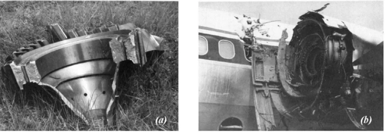 Figure 1-4 : Accident de Pensacola, Floride en 1996 (a) Rupture du disque Fan d’un moteur McDonnel  Douglas MD88 à partir d’un défaut d’usinage d’un perçage (b) Impact du disque sur la cabine