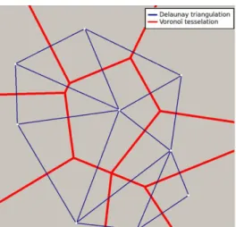 Figure 1 : Discrétisation spatiale, particules polygonales (rouge) et réseau de poutres (bleu)