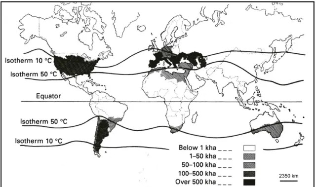 Figure 1. Répartition mondiale du vignoble (Mullins et al. 1992).