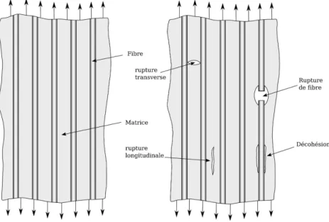 Fig. I.12 : Composite ` a fibres : ` a gauche la forme g´en´erale du composite, ` a droite les diff´erents modes de rupture